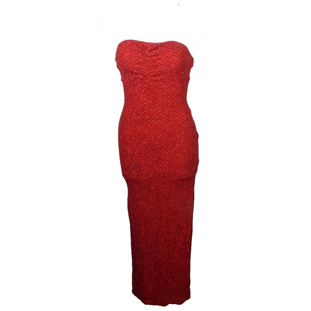 Charlotte Russe Small Dress Vtg Y2K Strapless Midi Maxi Red Glitter Bodycon